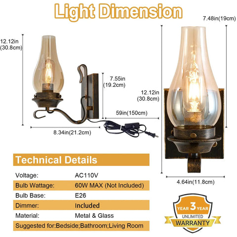Light dimension and technical details of Retro Rustic Oil Rubbed Bronze Plug In Wall Sconce Set Of 2 With Amber Glass for cozy lighting.