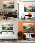 Peel And Stick Watercolor Mountain Forest Acoustic Panels Top Tier Soundproof Wall Art in music room, office, bedroom, home theater.