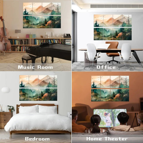 Peel And Stick Watercolor Mountain Forest Acoustic Panels Top Tier Soundproof Wall Art in music room, office, bedroom, home theater.