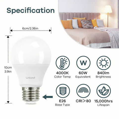 A19 LED Light Bulb 60W Equivalent, 8.5W 4000K Cool White, 840 Lumens, No Dimmer Needed, E26 Base, Energy Efficient UL Listed, Six Pack