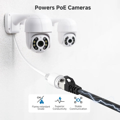Snagless Short Shielded Cat6A Ethernet Cables 10Gbps 3Ft Pack Of 5 Black powering PoE cameras, showcasing connectivity and stability features