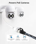 10 Gbps Snagless Shielded Cat6A Ethernet Cable 50ft Black connecting PoE cameras, showcasing flame-retardant grade and conductivity.