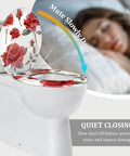 Quiet Close Elongated Toilet Seat for Bathroom with rose design, fitted on a toilet, showcasing slow-close feature.