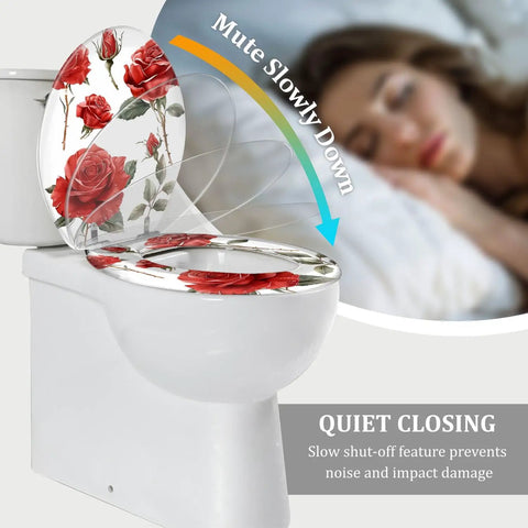 Quiet Close Elongated Toilet Seat for Bathroom with rose design, fitted on a toilet, showcasing slow-close feature.
