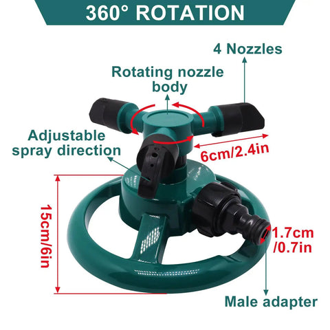 Automatic 360 Degree Rotating Lawn Sprinkler With Two Adjustable Spray Modes 30 Degree Or 90 Degree Angles, showing dimensions