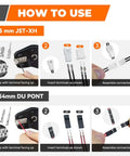 How to use guide for All In One Complete JST XH 2.5mm and DuPont 2.54mm Connector Kit with terminal crimping instructions.