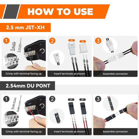 How to use guide for All In One Complete JST XH 2.5mm and DuPont 2.54mm Connector Kit with terminal crimping instructions.