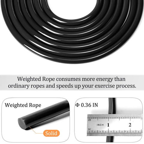 Close-up of Weighted Jump Rope With Ball Bearing System 1 Lb Tangle Free Rapid Speed Rope, showing 9mm black PVC cord and diameter measurement.