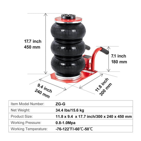 3 Ton Triple Bag Air Jack For Cars, Fast 5 Second Lift, 6600 Lbs Capacity, Lifts From 5.3 Inches To 15.75 Inches, Red Jack with Dimensions