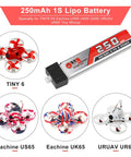 Four Pack 1S 3.7V 250mAh 30C LiPo Battery Set For Tiny Whoop FPV Drones With Micro JST 1.25 Connector Fits Blade Inductrix KingKong Tiny 6 And Other Micro Quads