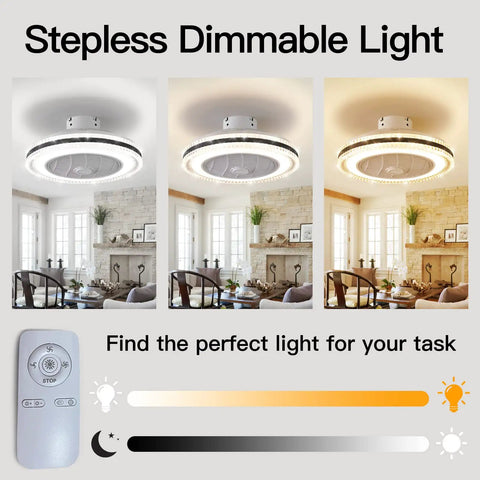 Bladeless Ceiling Fan With Lights And Remote, 21 Inch Flush Mount, showing 3 light color temperatures in a living room setting.