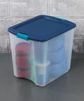 Heavy Duty Clear Plastic Storage Bins Twelve Pack With Tight Latch Lids And Solid Grip Handles For Hella Roomy home organization, holds rolled blankets.