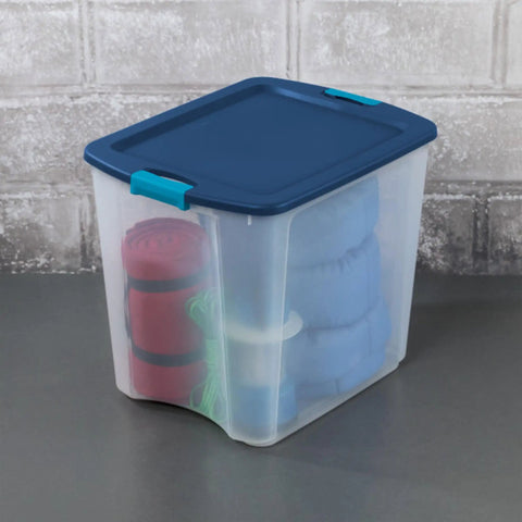 Heavy Duty Clear Plastic Storage Bins Twelve Pack With Tight Latch Lids And Solid Grip Handles For Hella Roomy home organization, holds rolled blankets.
