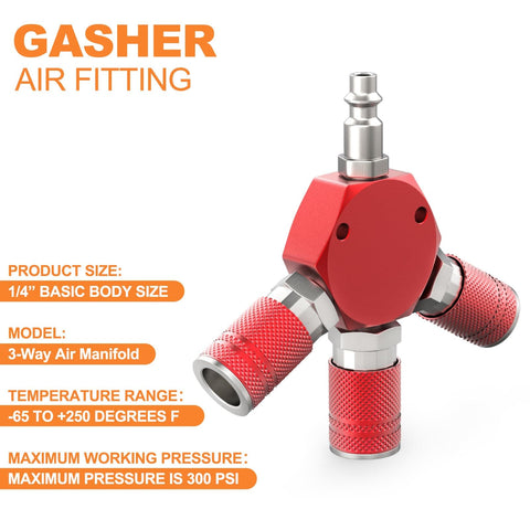 Red Aluminum 3 Way One Quarter Inch NPT Air Manifold With Hex Style Includes Three Steel Couplers And Plugs Quick Connect Fittings for Air Splitter System