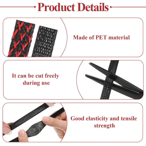 Six Rolls Braided Cable Sleeves Kit With 127 Heat Shrink Tubes, showing PET material and cuttable mesh sleeve detail