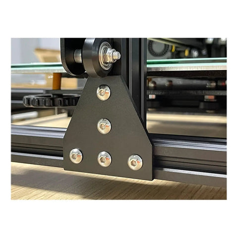 Close-up of five-hole 90-degree joint board plate connectors corner angles brackets for aluminum plate hardware accessories.