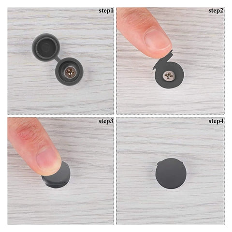 Steps for using 200 Pcs Plastic Hinged Screw Head Covers Snap On Caps Light Grey 13.6x29mm on a screw head surface.