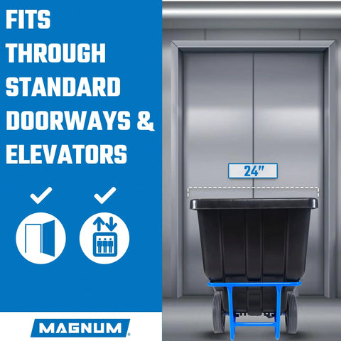 Half Cu Yd Dump Cart With Non Marking 12 Inch Wheels And 5 Inch Casters, Forklift Ready Frame, 850 Pound Capacity, 2 Pack, 24" width in doorway