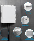 Outdoor Waterproof Electrical Junction Box With Internal Mounting Panel And Hinged Cover, Rugged ABS Weatherproof Enclosure For Outdoor Use, IP65 Dust And Water Resistant, Large Access Box For Wiring And Panels. White wall-mounted box with removable mounting plate and lock hole