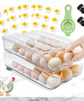 Egg Organizer For Refrigerator, 36 Egg Stackable Storage Box, hand opening durable two-layer egg container on marble surface.