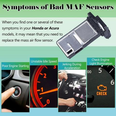 Mass Air Flow Sensor MAF for Honda Accord Civic Odyssey Pilot Acura MDX RDX RL TL Replace OE 37980 RNA A01 showing bad MAF symptoms
