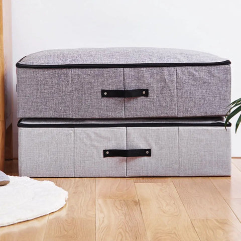 Built Tough Foldable Storage Tubs With Slick Glide Bottom For Easy Tucking Under Beds And Closets, gray and beige fabric.