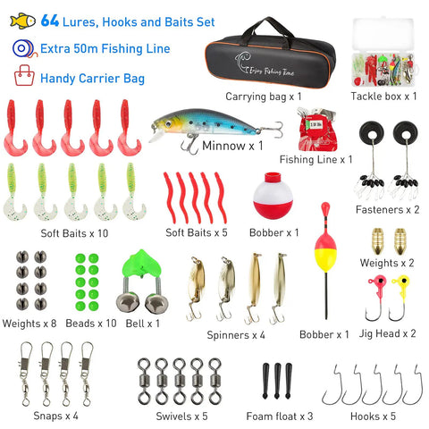 Kids Telescopic Fishing Pole Kit With Spincast Reel, 64 colorful lures and hooks, tackle box, and carrier bag displayed.