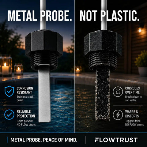 Metal Sensing Pool Flow Switch For Hayward Aqua Rite Aquarite Salt Cell, 12 GPM, 15 Ft Cable, Replaces Q 12DS C2 And GLX FLO HP, Pro Logic Aqua Logic OmniLogic Compatible, Fails Safe No Fuss Design Prevents Dry Running, metal probe