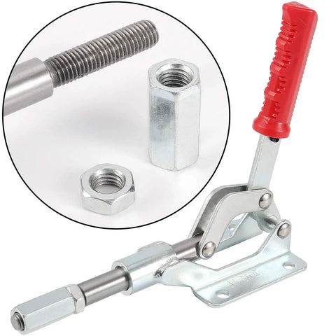 4 Pack Heavy Duty Push Pull Toggle Clamps Featuring Quick Release Lever And Tough As Nails Grip With Galvanized Steel Construction for jigs and workstation use.
