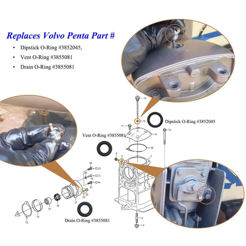 All In One 3 O Rings And 1 Washer Replacement Kit For Volvo Penta Lower Unit Gear Lube Maintenance diagram with ring details