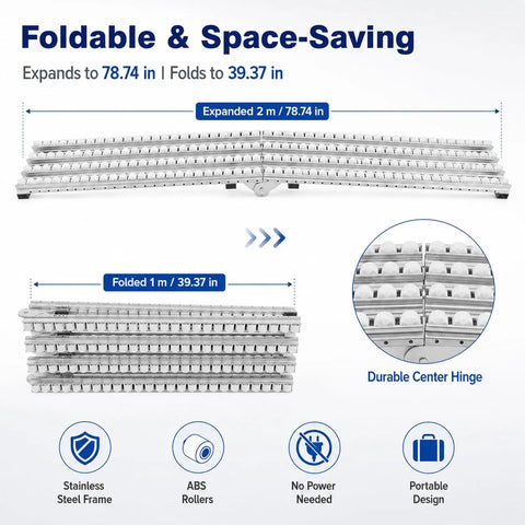 Heavy Duty Gravity Roller Conveyor 78 7 Inch Expandable Collapsible Portable Loading Unloading System For Warehouse Material Handling and Smooth Cartons Transport Without Electricity, shown in expanded and folded form.