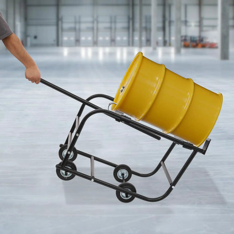 Huge Heavy Duty 55 Gallon Drum Cradle With 600 Lbs Capacity And Retractable Drawbar being used to move a yellow drum.