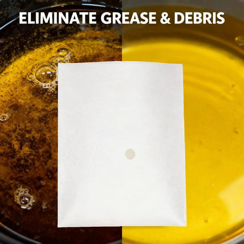 Heavy Duty Fryer Oil Filter Envelopes, 105 Pack, 18.5 X 20.5 Inch Mesh Strainers above greasy oil and clear oil.