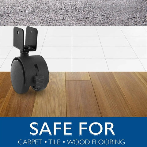 Heavy Duty 2 Inch Black Nylon Swivel Twin Wheel Casters With Brake And U Clip Stem on wood, tile, and carpet flooring surfaces.