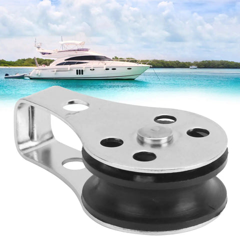 Two Pack 25mm Bearing Pulleys Wheel Set for Steel Wire Rope Lifting and Towing, Marine Hardware, stainless steel with yacht backdrop
