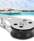 Two Pack Nylon Marine Pulleys 25mm Stainless Steel Bearing Block Rope Runner Wheel For Boats Yachts Ships Waterproof Rustproof Durable Marine Gear Tools against a yacht background