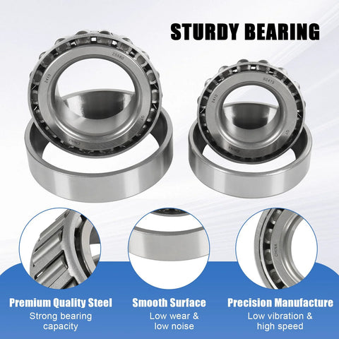 Front view trailer axle bearing kit, 8000 lb, steel outer 1.25 in / inner 1.75 in with double lip seals; two kits