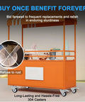 Rock Solid 3 Inch SUS304 Stainless Steel Caster Wheels With Precision Locking Brake Rust Proof Polyurethane Tread Heavy Duty Castor Set For Furniture Industrial Lab Hospital Restaurant No Sweat Rolling Easy Bolt On attached to an orange cart.