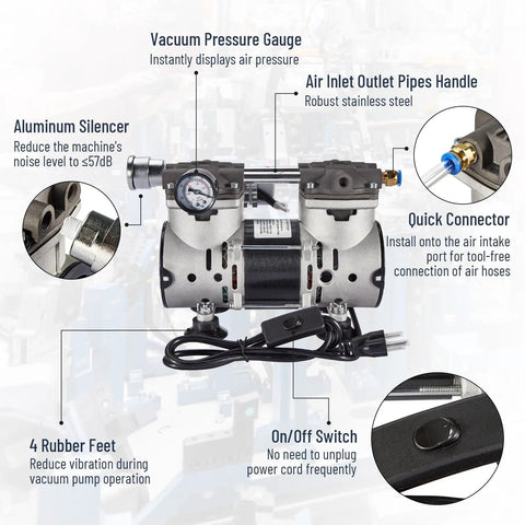 Big Suction Oil Free Vacuum Pump 85L Per Minute With Handy On Off Toggle And Aluminum Noise Damper Oilless Lab Science Gear with controls and pressure gauge.