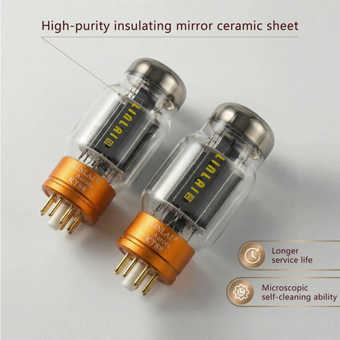 KT88 Vacuum Tubes Matched Pair 2 Pack Aurora Series Audio Tubes with high purity ceramic supports displayed at an angle