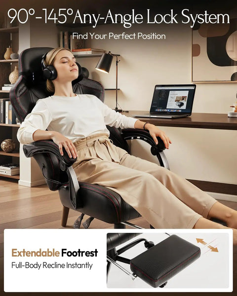 Person relaxing in a Gaming Chair With Shiatsu Neck Massage And Lumbar Support, High Back Ergonomic Recliner, in an office setup.