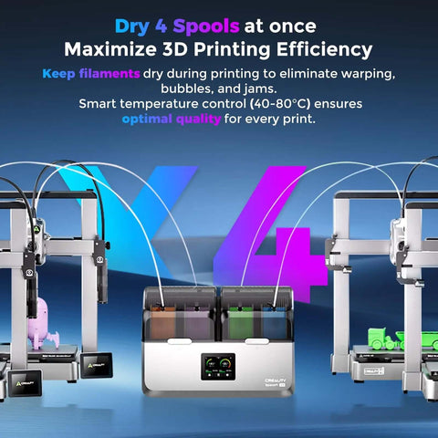 Space Pi X4 Filament Dryer For 4 Rolls with 3D printer setup showing filaments drying enhancing print efficiency.