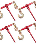 4-pack of red 3/8 to 1/2 inch drop forged ratchet load binders with 3/8 grab hook and 1/2 slip hook, G70 grade, 9,200 lbs WLL