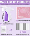 Image of Handheld Tagging Gun For Clothing And Quick Stitch Gun Kit With 6 Needles 2000 Fasteners in white and purple.
