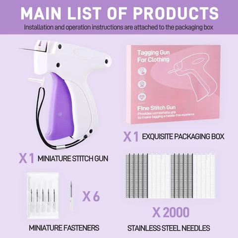 Image of Handheld Tagging Gun For Clothing And Quick Stitch Gun Kit With 6 Needles 2000 Fasteners in white and purple.