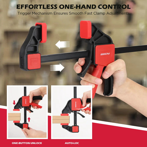Three-Piece 12-Inch Bar Clamps Set With Quick Release Clamp Connector And Spreader One-Handed Trigger Clamps in use
