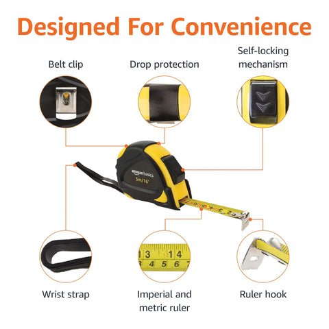 Self Locking Tape Measure With Belt Clip, 16 Feet, Inch And Metric Scale, MID Accuracy features and details.