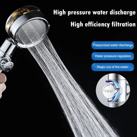 High Pressure Handheld Shower Head With Turbo Fan Hydro Jet showing strong water spray and pause feature