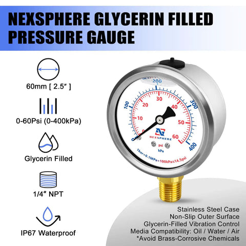 Top Notch Pro Grade Pool And Home Pressure Gauge 0 To 60 PSI With Two And A Half Inch Dial Glycerin Filled Stainless Steel Case