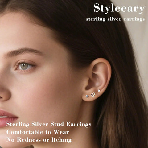 Three Pairs 925 Sterling Silver Stud Earrings Set For Women Hypoallergenic CZ Ball And Heart Mini Studs For Second Hole Lightweight Nickel Free Jewelry Includes Small Heart CZ Everyday Sparkle You Can Rock All Day on model ear